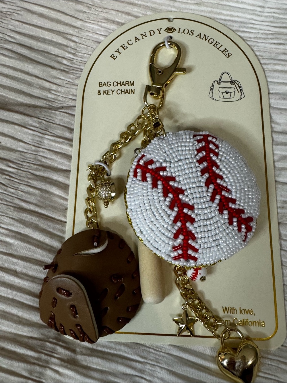 EYECANDY Los Angeles Beaded Baseball Bag Charm - White & Red